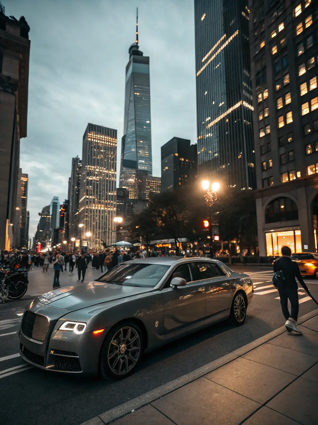 A professional photo of a modern car in Hong Kong traffic, showcasing the diversity of vehicles and the urban environment, emphasizing safety and reliability.