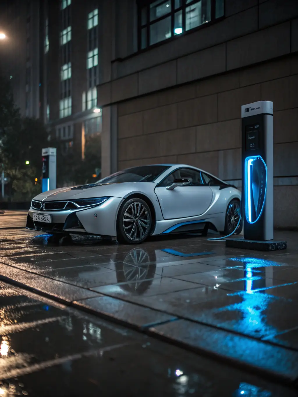 A sleek electric car charging at a modern charging station in Hong Kong, highlighting the growing popularity of electric vehicles and specialized insurance options.